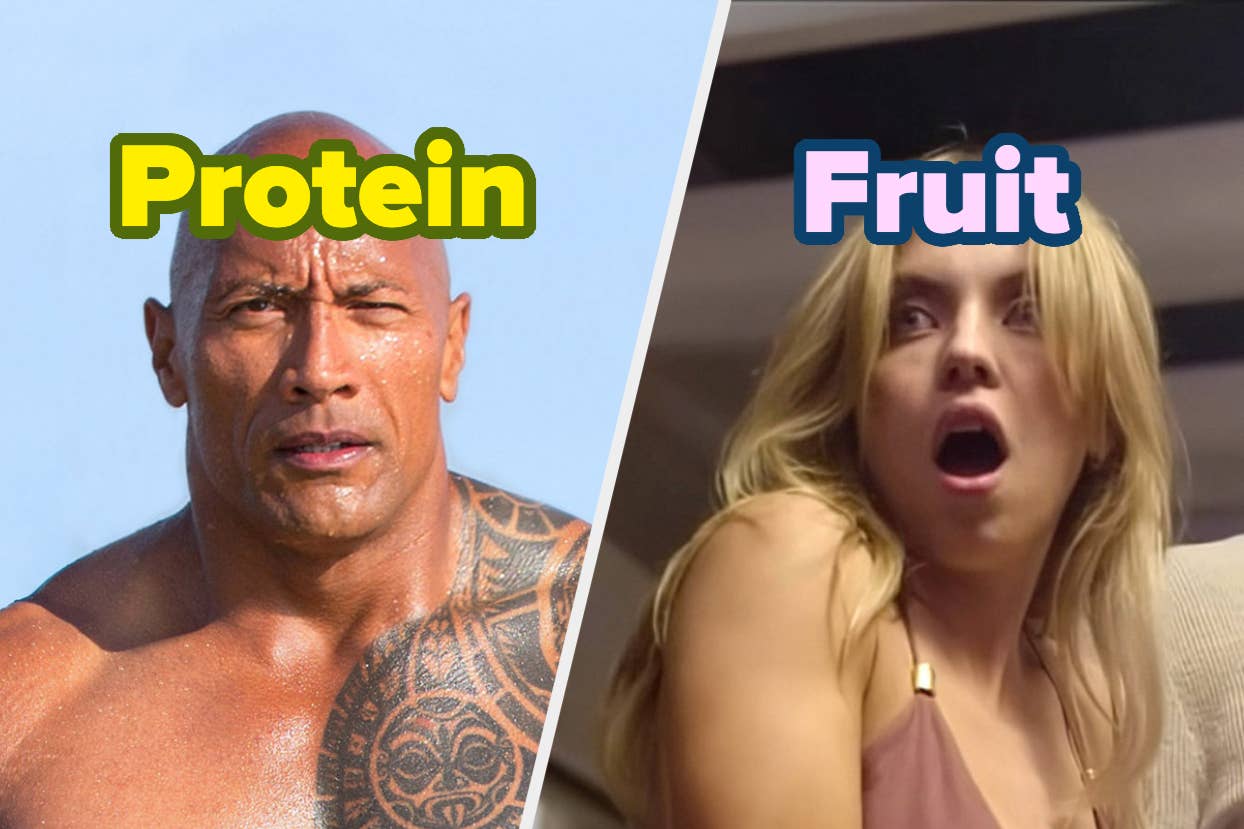 Dwayne Johnson on the left labeled "Protein," and Sydney Sweeney on the right labeled "Fruit," both in a split-screen image with differing expressions