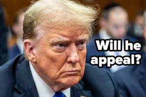 Donald Trump appears pensive in a courtroom. Text overlay reads, "Will he appeal?"