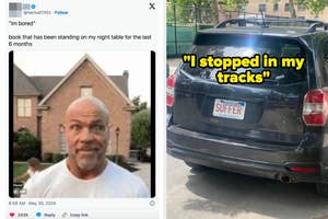Left image: A tweet reading, "im bored" and an image of a bald man looking surprised under text saying, "book that has been standing on my night table for the last 6 months."  
Right image: A car's rear with a license plate reading, "SUFFER," and text, "I