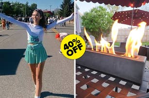 Woman excitedly posing after a race wearing a green skirt on the left; right side showing a fire pit with a "40% OFF" badge