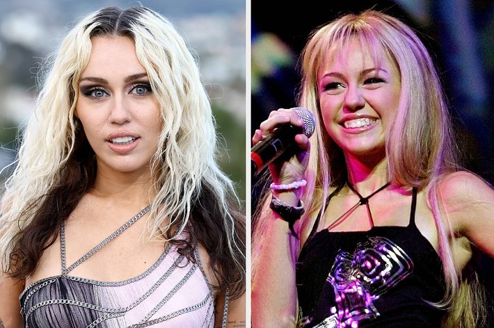 Miley Cyrus in a sleeveless dress with chain details on the left; performing as Hannah Montana with a microphone on the right