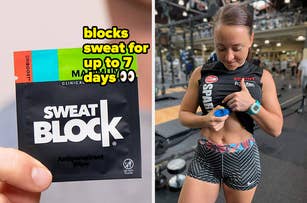 SweatBlock antiperspirant wipes shown alongside a model in athletic gear applying the product at a gym
