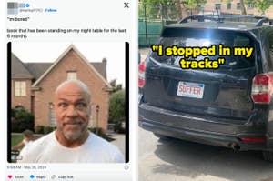 Left image: A tweet reading, "im bored" and an image of a bald man looking surprised under text saying, "book that has been standing on my night table for the last 6 months."  
Right image: A car's rear with a license plate reading, "SUFFER," and text, "I