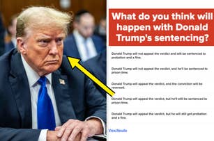 Donald Trump sits looking serious next to a poll asking what will happen with his sentencing, presenting various outcomes such as prison time, fines, and reversals