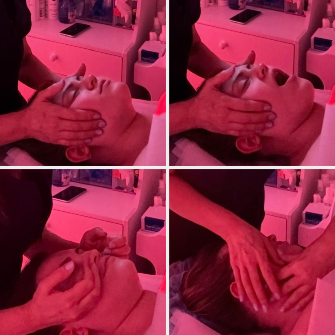 Four-panel collage of a person receiving a facial massage at a spa. Each panel shows different stages of the massage, focusing on relaxed expressions and massage techniques