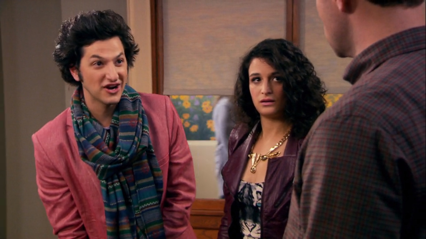 Ben Schwartz, Jenny Slate, and an unidentified person appear in a scene, with Ben speaking expressively and Jenny looking concerned