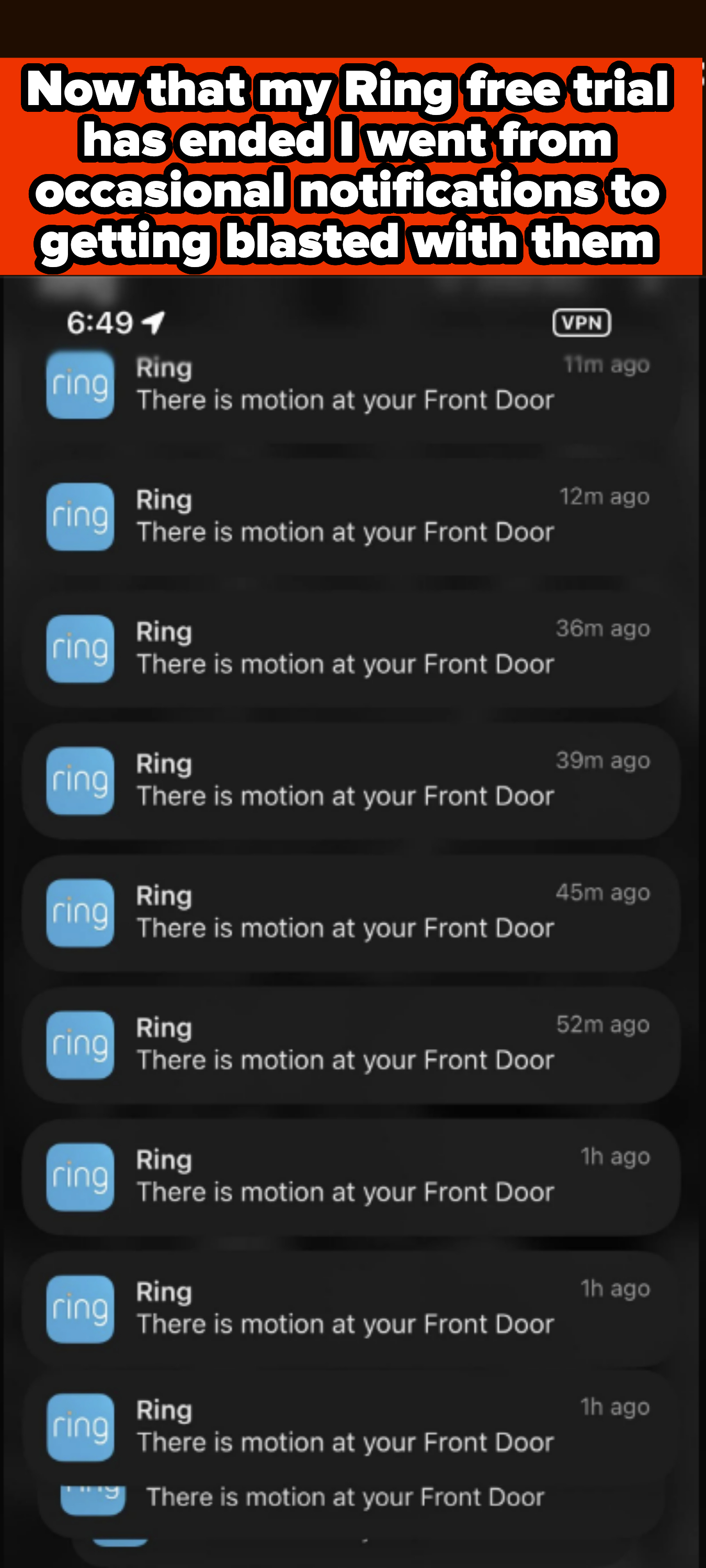 Phone screen showing multiple Ring app notifications about motion detected at the front door. There are 11 notifications displayed