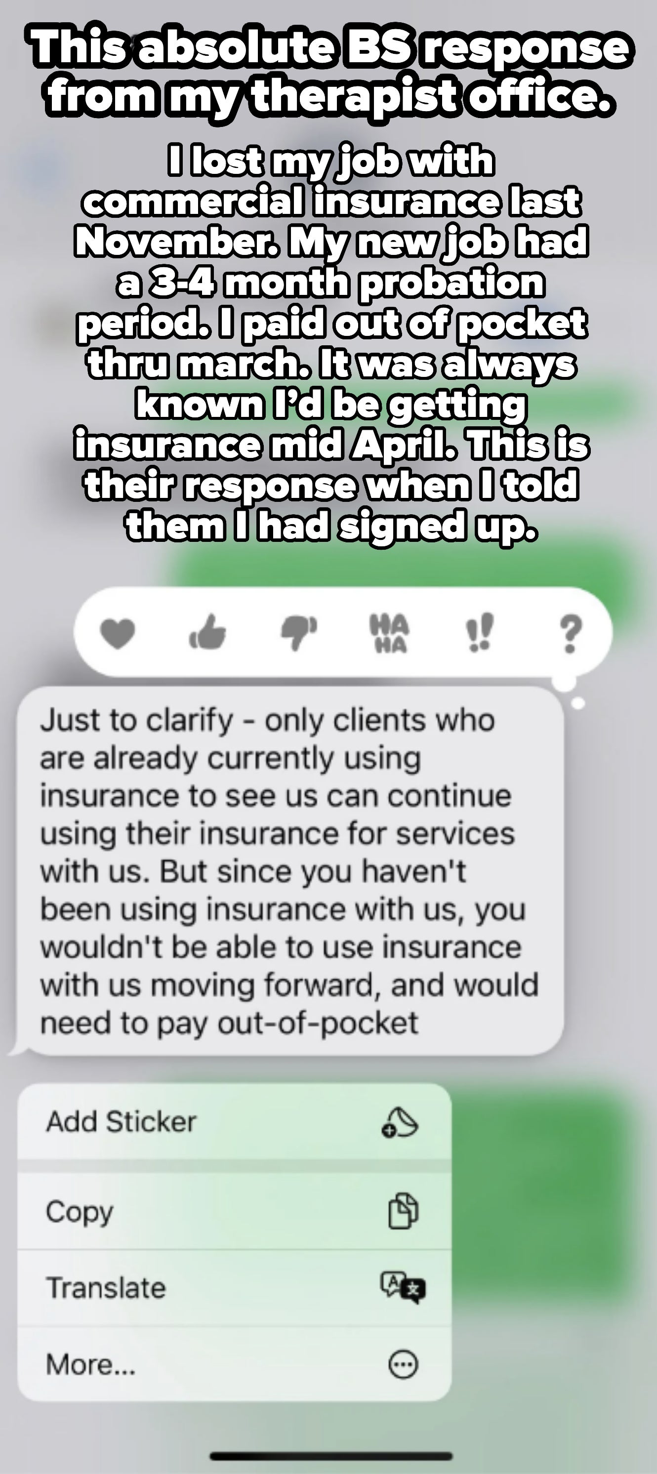 Text message conversation. Summarized text: Only existing clients using insurance can continue, new clients need to pay out-of-pocket