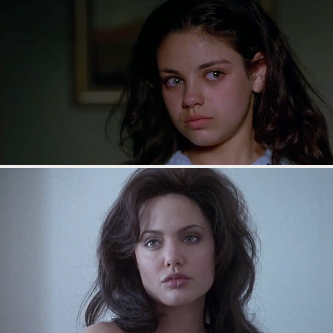 Top: Mila Kunis with a distressed expression.
Bottom: Angelina Jolie looking serious.