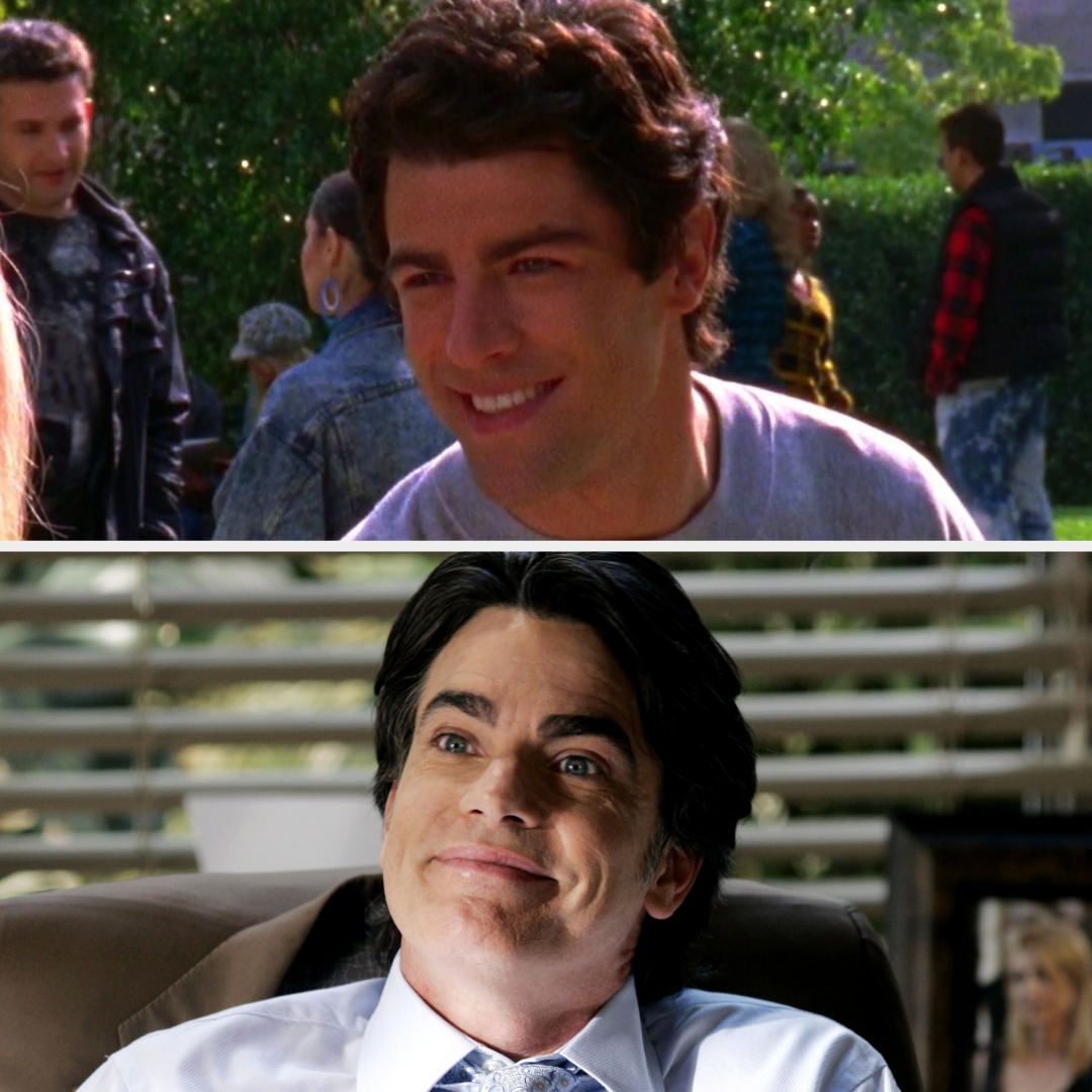 The image shows two scenes featuring Max Greenfield. In the top scene, he is outdoors, smiling. In the bottom scene, he is indoors, wearing a collared shirt, and smiling