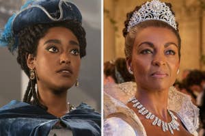 Arsema Thomas in historical attire with a feathered hat, and Adjoa Andoh in a regal gown and jeweled tiara, from a scene in "Queen Charlotte: A Bridgerton Story."