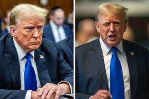 Donald Trump appears in two side-by-side photos. In both, he wears a dark suit, white shirt, and blue tie. In one image, he's seated; in the other, he's standing
