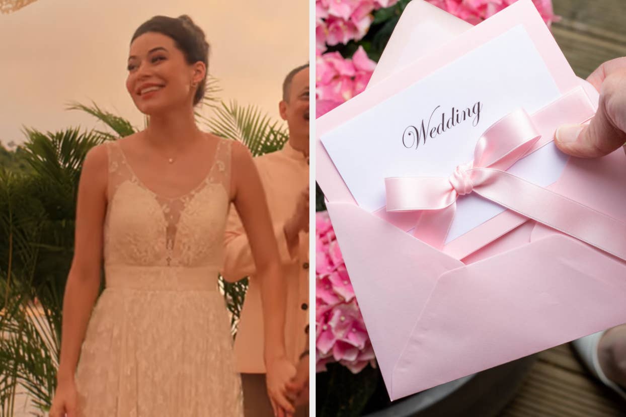 On the left, Miranda Cosgrove in a lacy wedding dress as Emma in Mother of the Bride, and on the right, a wedding invitation