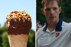 A chocolate-dipped ice cream cone with nuts on the left. On the right, a person in a white Uniqlo polo shirt