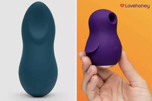 Two Lovehoney brand vibrators: a sleek, ergonomic blue one on the left, and a small, handheld purple one in the shape of a bird on the right