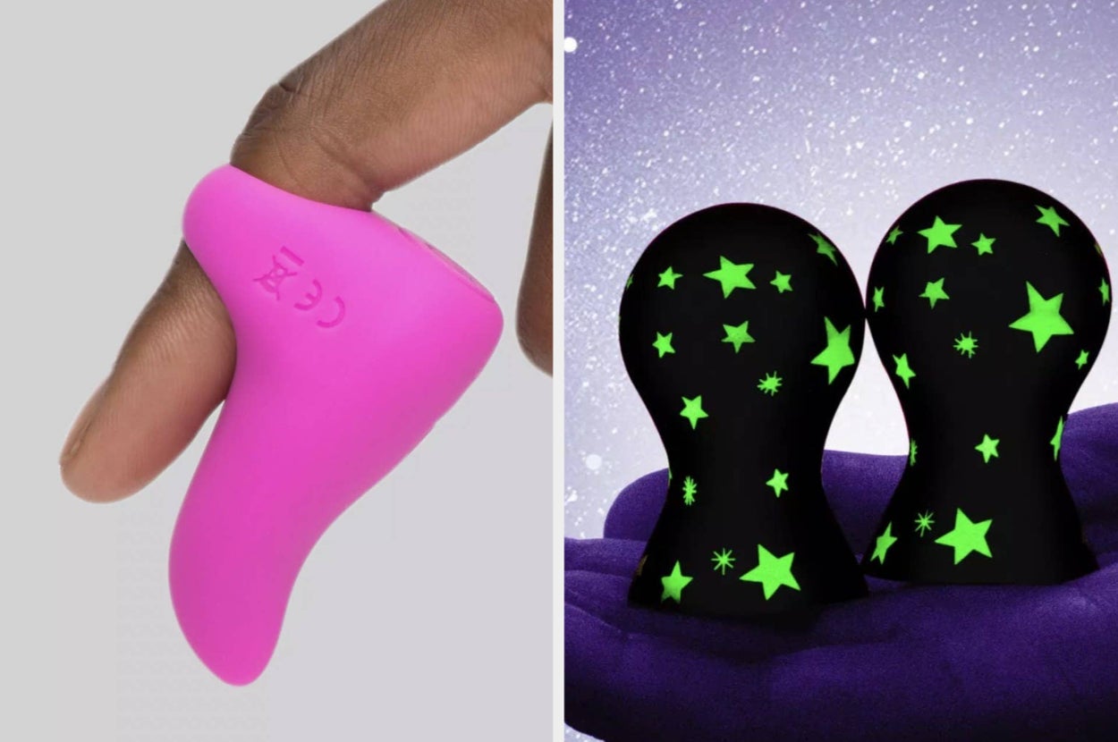 Two sex toys: a pink finger-mounted vibrator on the left and black hand massagers with green stars on the right