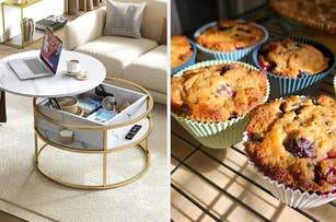 A stylish living room setup with a round marble coffee table with storage, a laptop, and a coffee cup is on the left. On the right, freshly baked muffins are cooling on a rack