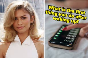 Zendaya with wavy hair, wearing a sleeveless white top next to a photo of a hand stopping an iPhone alarm. Text reads: "What is the first thing you do after waking up?"