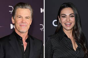 Josh Brolin in a suit and Mila Kunis in a polka dot dress at a TV and movies event