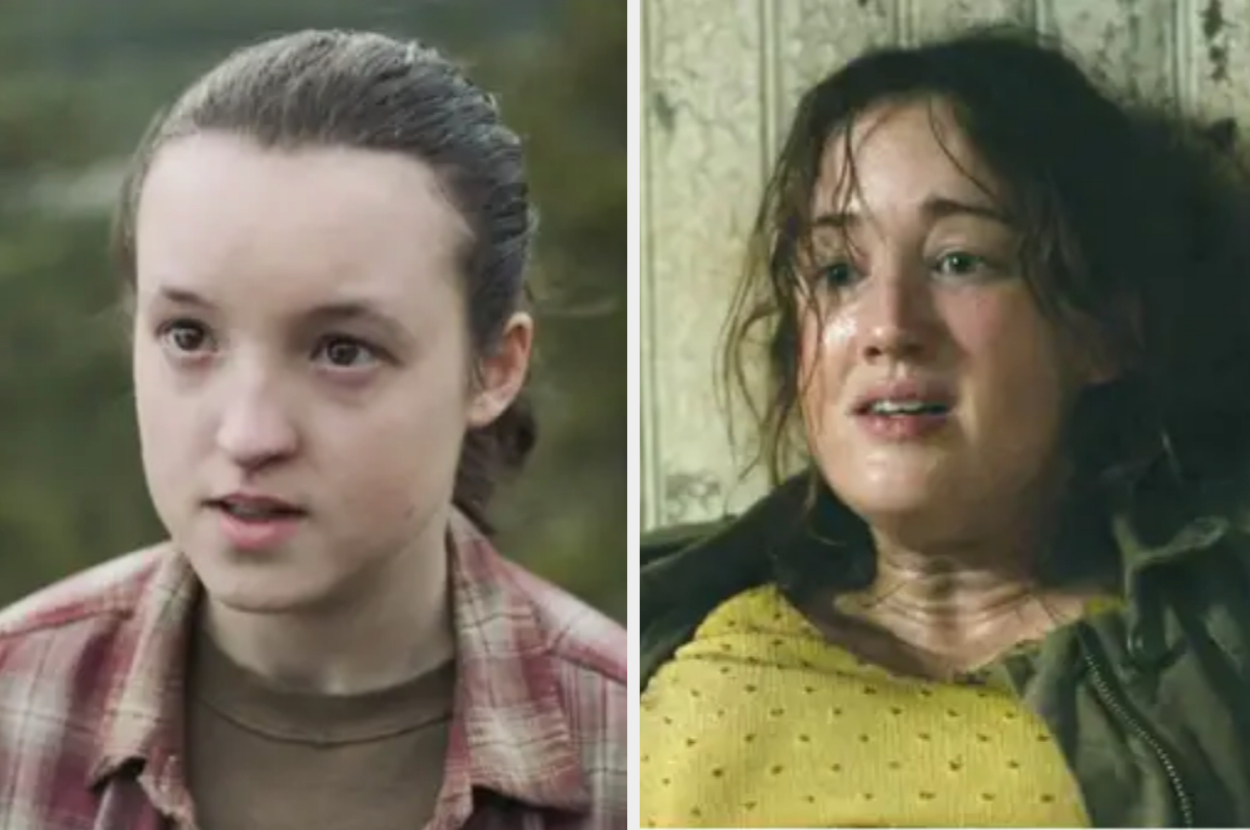 Side-by-side images of Bella Ramsey: left, wearing a plaid shirt outdoors; right, disheveled and distressed indoors