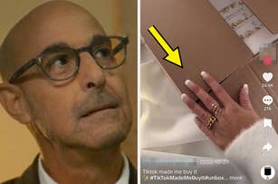 Stanley Tucci in glasses and someone showcasing their nails with rings next to a box from social media platform TikTok, noting viral influence on purchases