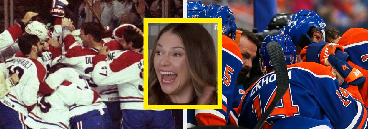 Two hockey team celebration photos: Montreal Canadiens and Edmonton Oilers players. Text: "last win: 1993" and "next win: 2024???" Image of a woman celebrating in the middle