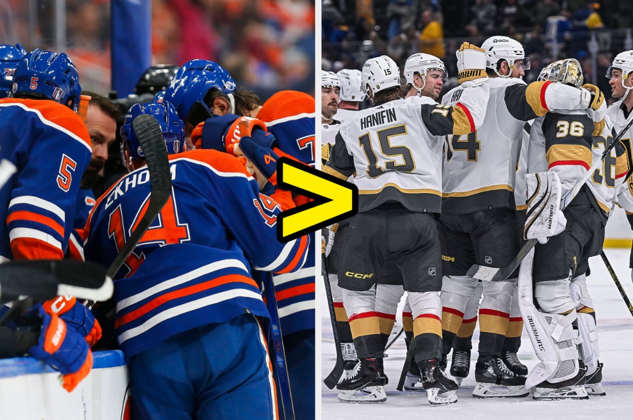 NHL players of Edmonton Oilers (left) huddling and Vegas Golden Knights (right) celebrating during a game