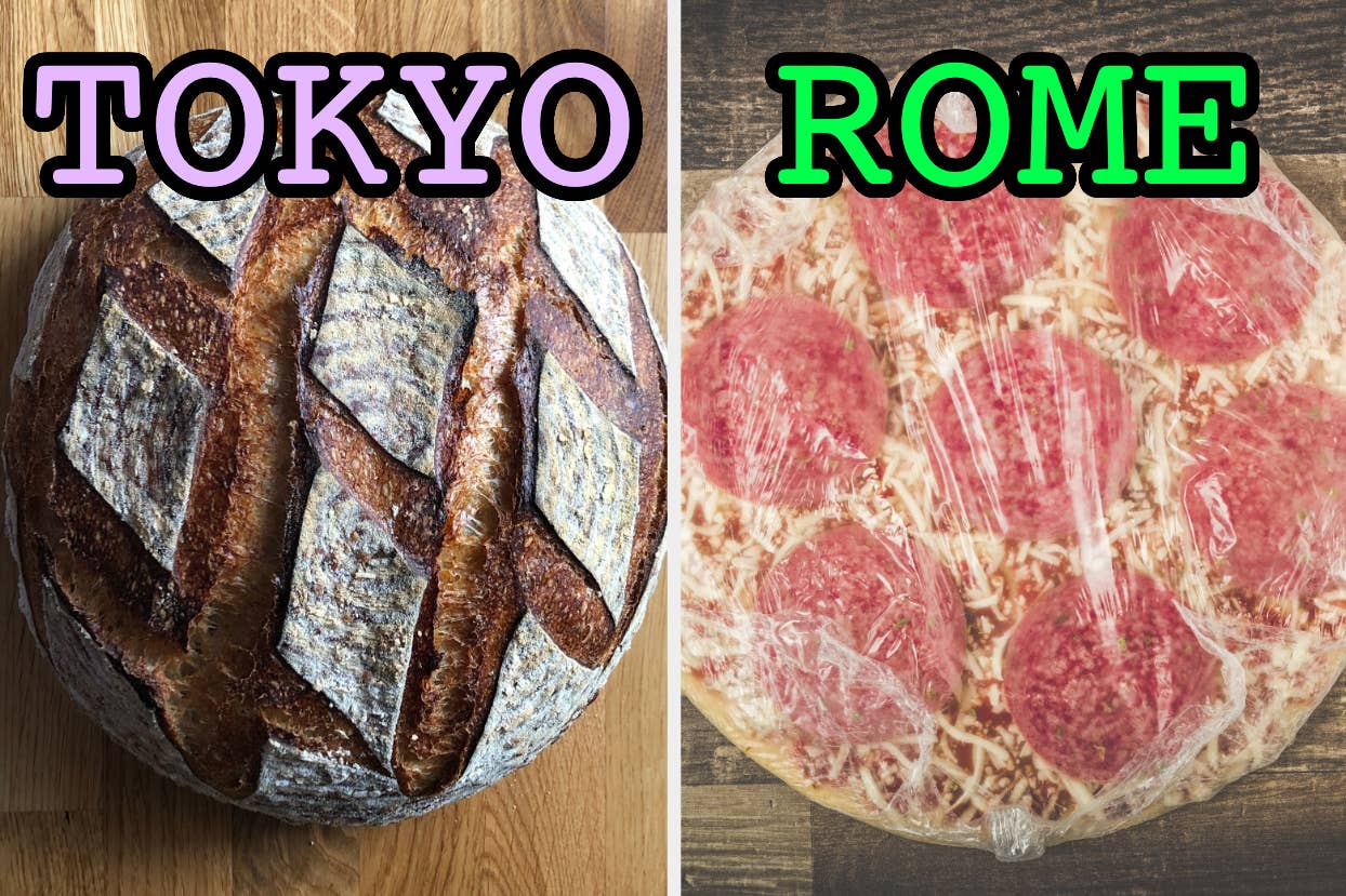 On the left, a loaf of sourdough bread labeled Tokyo, and on the right,a frozen pepperoni pizza wrapped in plastic labeled Rome