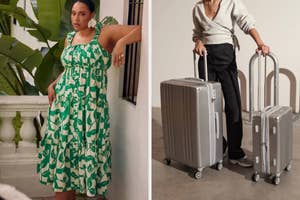 on the left a green and white patterned midi dress with ruffled sleeves, on the right two silver suitcases