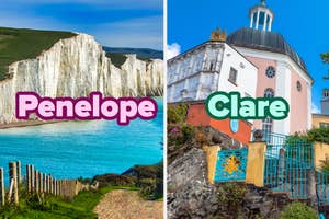 Side-by-side images: Left panel with "Penelope" text overlay, showing a stunning coastal cliff. Right panel with "Clare" text overlay, featuring a colorful building and gate
