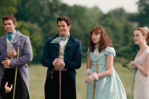Four people stand on a lawn dressed in Regency-era attire, holding croquet mallets. They appear in character from a period drama set in the early 19th century