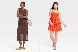 Left: model wearing a sleeveless brown midi dress. Right: model wearing a sleeveless orange mini dress
