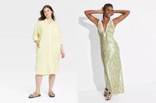 Left: model wearing a yellow long-sleeve button-down lightweight dress. Right: model wearing a sleeveless floral print satin lace midi dress