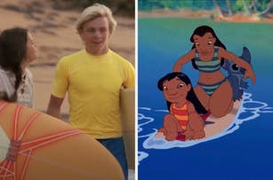 On the left, Ross Lynch and Maia Mitchell hold surfboards on a beach. On the right, animated characters Lilo, Nani, and Stitch surf together