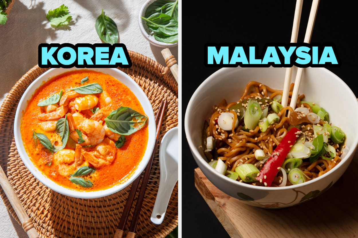 Korean seafood stew next to a Malaysian noodle dish with chopsticks. Text labels read "Korea" and "Malaysia."