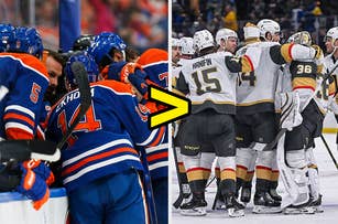 NHL players of Edmonton Oilers (left) huddling and Vegas Golden Knights (right) celebrating during a game