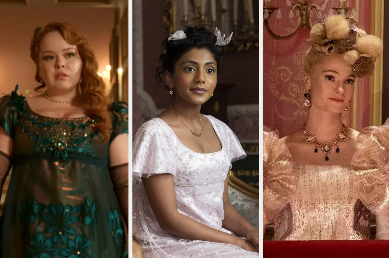 Three actors from a period drama, dressed in elaborate, ornate gowns. From left to right: Nicola Coughlan, Charithra Chandran, and Phoebe Dynevor