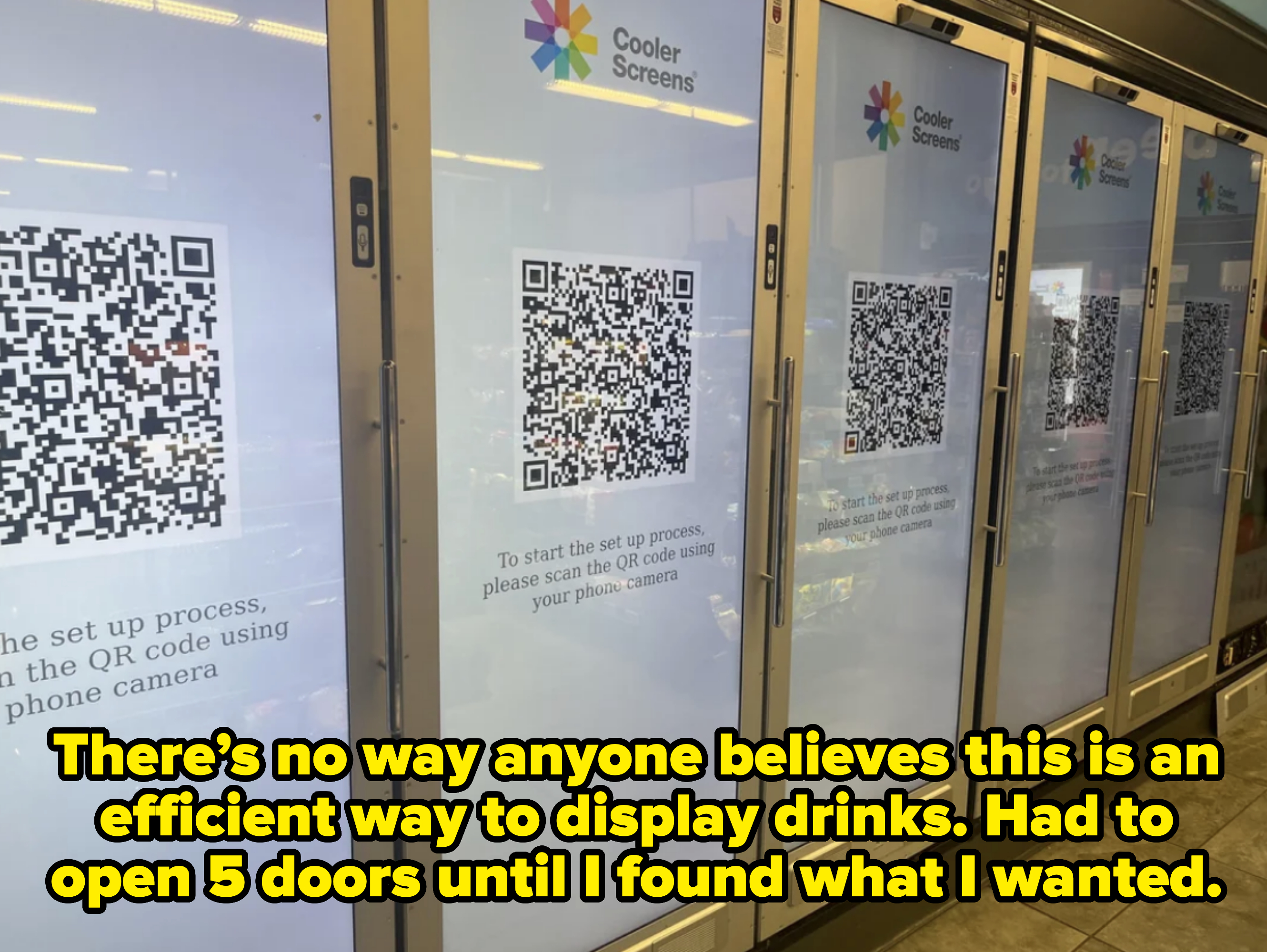 QR codes displayed on multiple refrigerator doors. Instructions advise using a phone camera to scan the QR codes to start the setup process