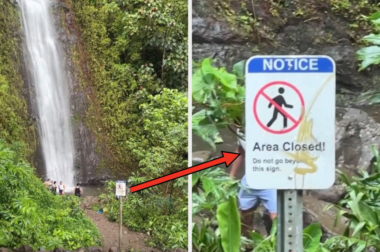 People standing near a waterfall beside a sign that says "NOTICE: Area Closed! Do not go beyond this sign." An arrow points from the sign to the people