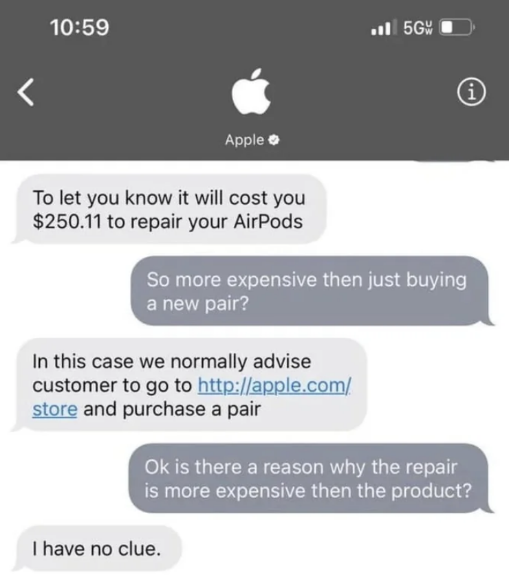 iMessage conversation showing the cost to repair AirPods at $250.11, more than buying new ones, with no explanation from Apple