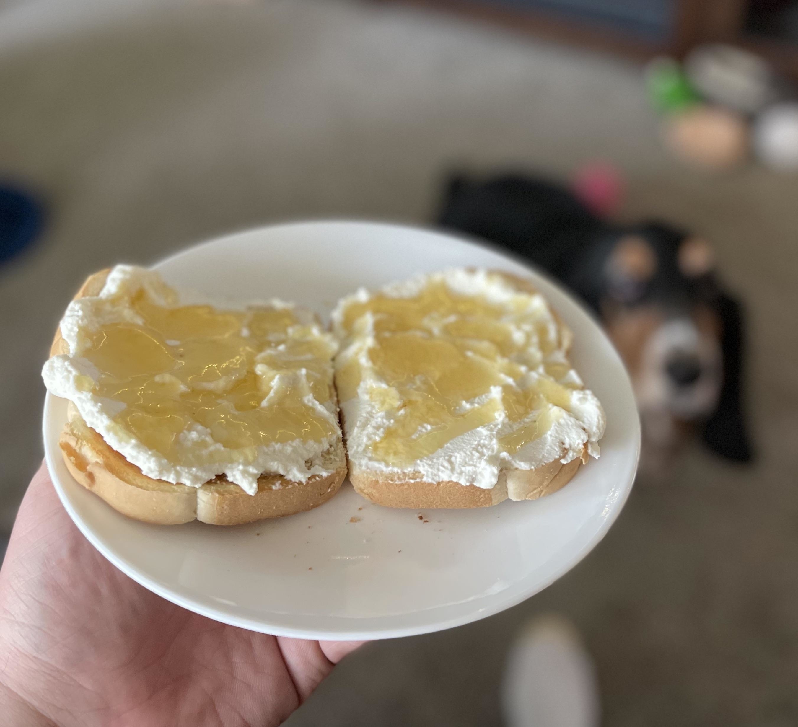 A hand holds a plate with two slices of bread topped with cream cheese and honey. A dog with long ears is blurred in the background