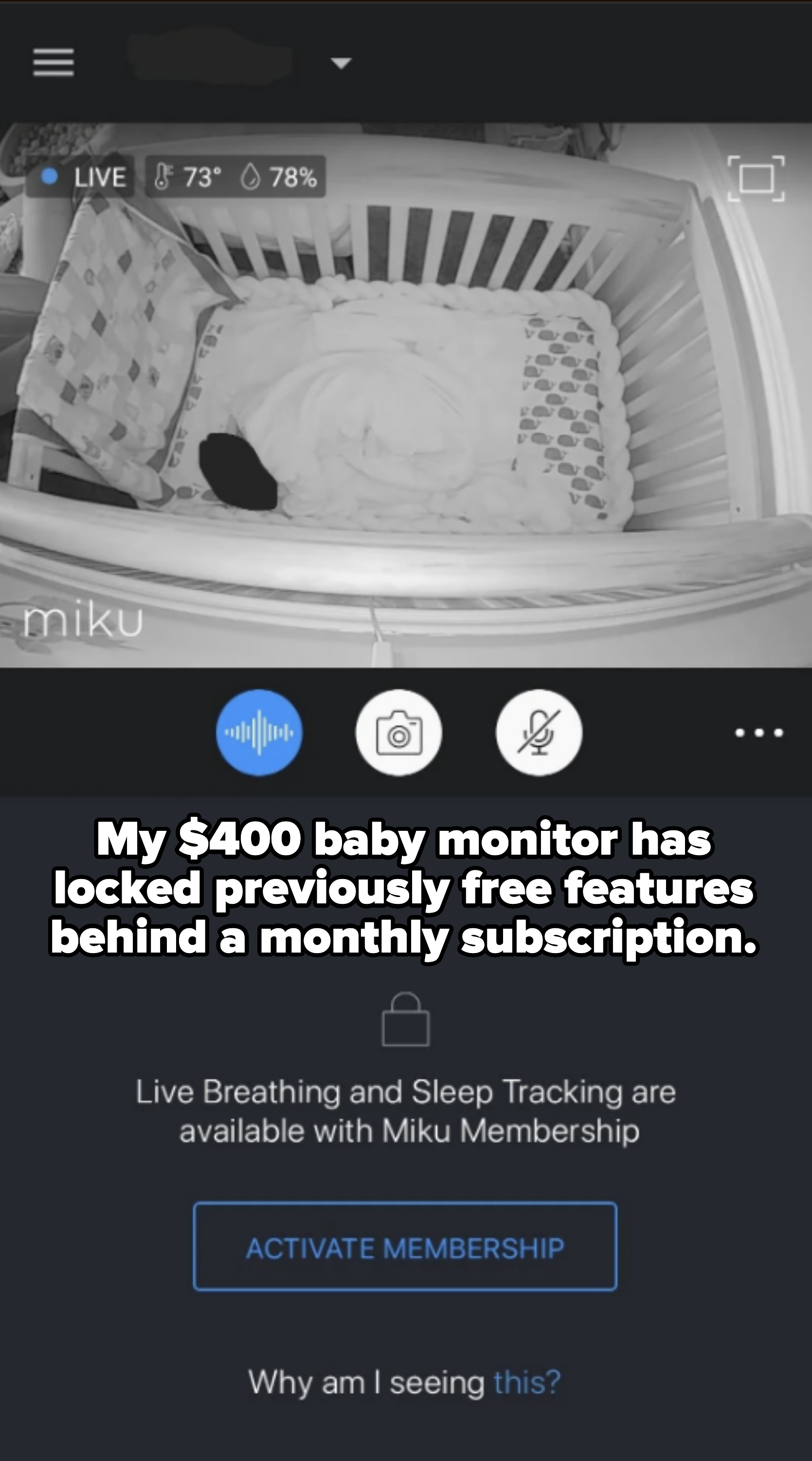 A baby is sleeping in a crib on a patterned blanket. The screen shows options for sound, camera, and settings. Text below offers live breathing and sleep tracking with Miku Membership