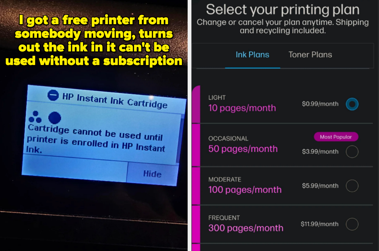 Two images: Left shows a printer error about requiring a subscription for ink. Right offers ink subscription plans ranging from 10 to 300 pages per month