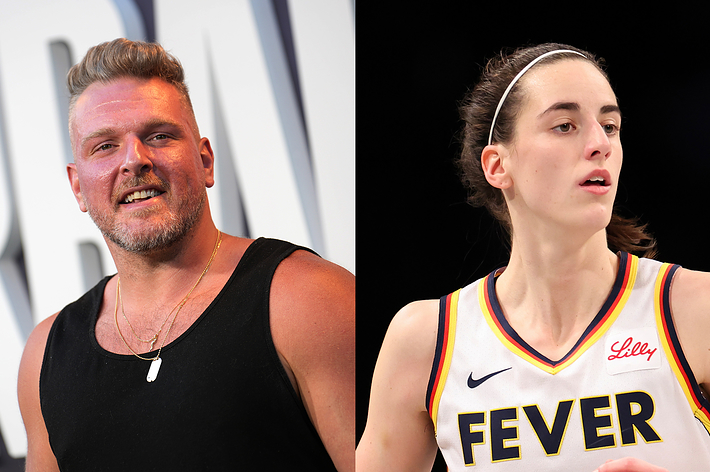 Pat McAfee in a sleeveless black shirt and necklace, and Aliyah Boston in a sleeveless white Indiana Fever basketball jersey