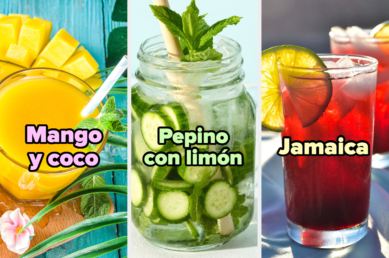 Tres bebidas veraniegas: jugo de mango y coco, pepino con limón en vaso de vidrio y agua de Jamaica con hielos y limón en el borde