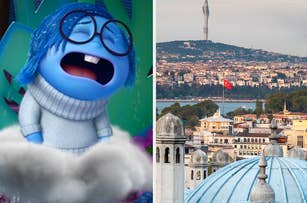 Sadness from Pixar's "Inside Out" is on a cloud, crying. The second half shows a cityscape of Istanbul, with the Çamlıca TV Tower in the background