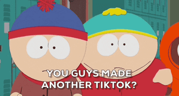Stan Marsh, Eric Cartman, and Kenny McCormick from South Park are standing in front of school lockers. Text in the image reads, "You guys made another TikTok?"