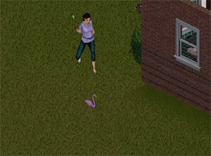 A woman, viewed from above, is running away in a backyard, possibly from a plastic flamingo on the ground. A man looks out from a window in a brick building