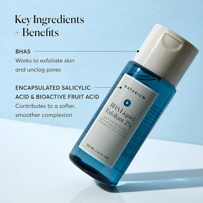 A vessel of Natrium BHA Liquid Exfoliant 2%, highlighting ingredients BHAs and encapsulated salicylic acid, which assistance exfoliate skin, unclog pores, and creaseless complexion