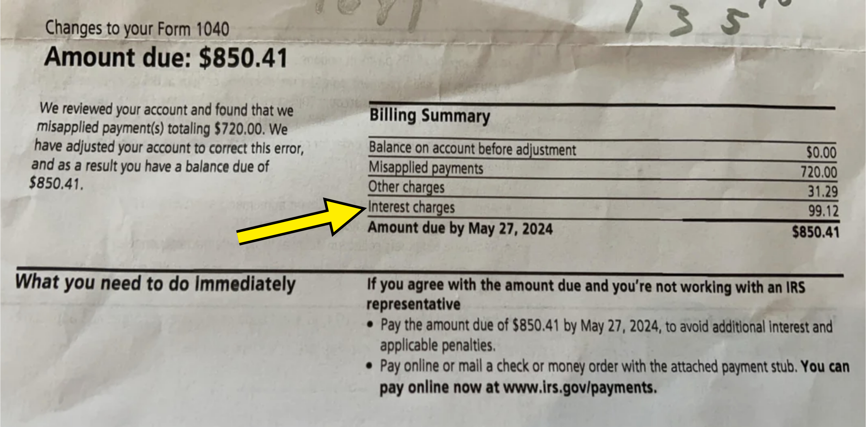 Summary of a bill showing a balance of $850.41 due by May 27, 2024, resulting from misapplied payments totaling $720 and other charges of $130.41. Instructions provided